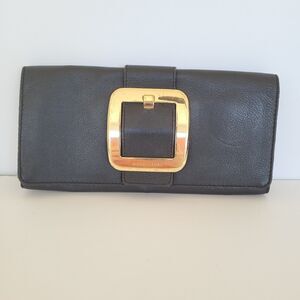MICHAEL KORS Black Gold Geniue Leather Flap Buckle Wallet Clutch 10x5 Logo Purse